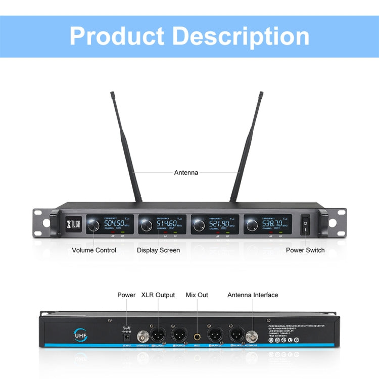 XTUGA A140-H Wireless Microphone System 4 Channel UHF Handheld Microphone(AU Plug)