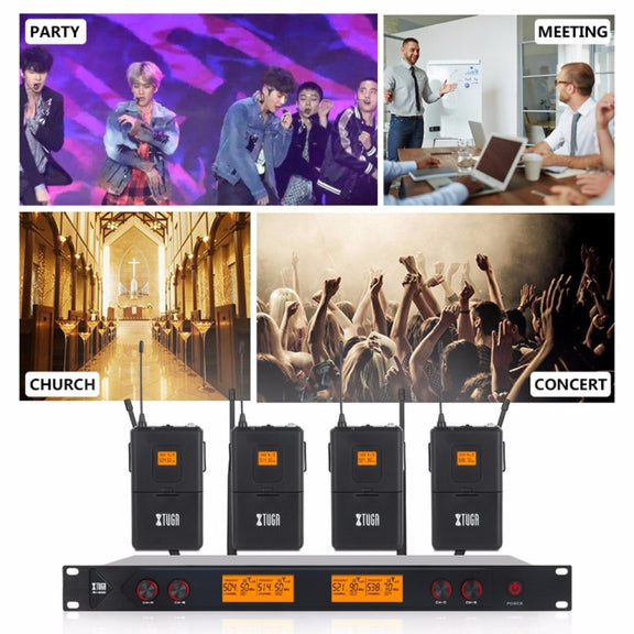 XTUGA A400-B Professional 4-Channel UHF Wireless Microphone System with 4 BodyPack Lavalier Headset Microphone(US Plug)