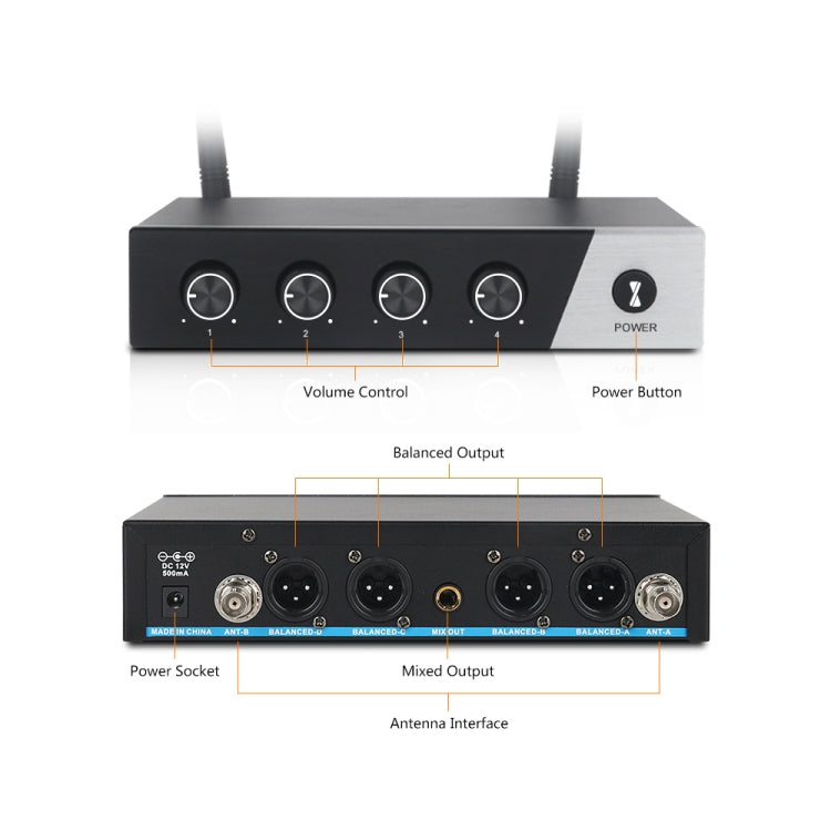XTUGA S400 Professional 4-Channel UHF Wireless Microphone System with 4 Handheld Microphone(EU Plug)