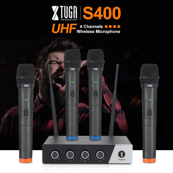 XTUGA S400 Professional 4-Channel UHF Wireless Microphone System with 4 Handheld Microphone(EU Plug)