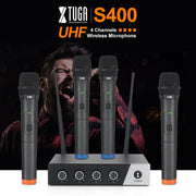 XTUGA S400 Professional 4-Channel UHF Wireless Microphone System with 4 Handheld Microphone(UK Plug)