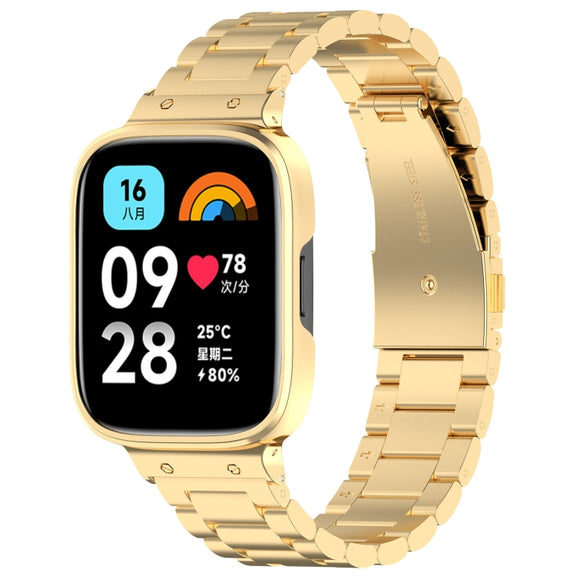 For Redmi Watch 3 Lite / Watch 3 Active 2 in 1 Three-bead Metal Watch Band with Watch Frame(Gold)