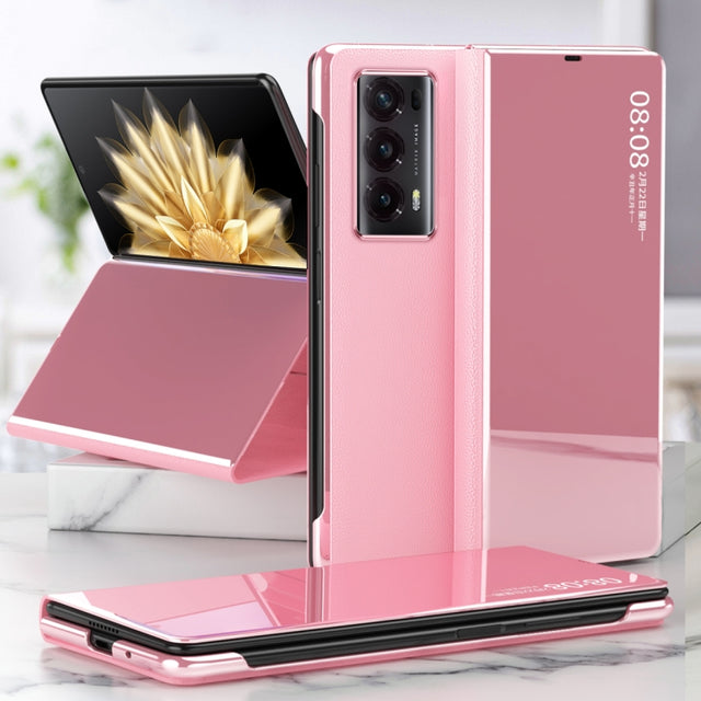 For Honor Magic V2 Electroplated Mirror Protective Phone Case with Holder(Pink)