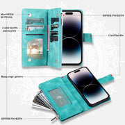 For iPhone 16 Pro Max Multi-Card Totem Zipper Leather Phone Case(Green)