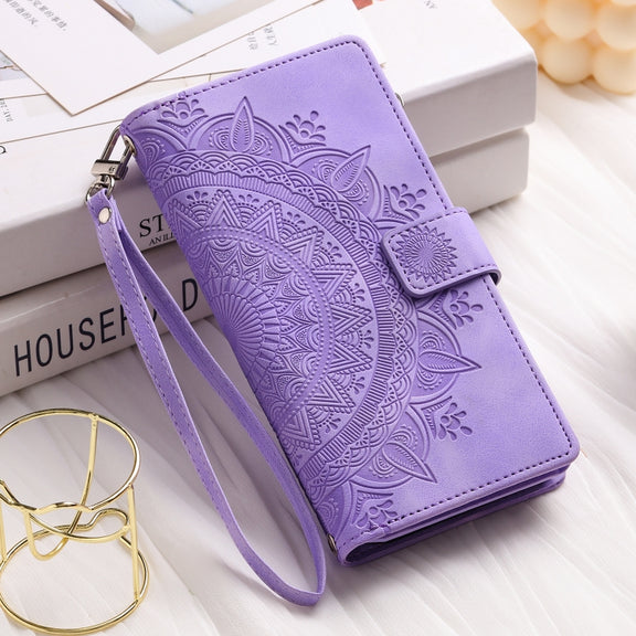 For iPhone 16 Pro Multi-Card Totem Zipper Leather Phone Case(Purple)