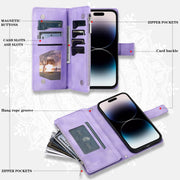 For iPhone 16 Pro Multi-Card Totem Zipper Leather Phone Case(Purple)