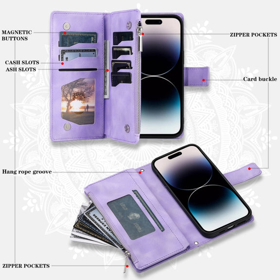 For iPhone 16 Pro Multi-Card Totem Zipper Leather Phone Case(Purple)
