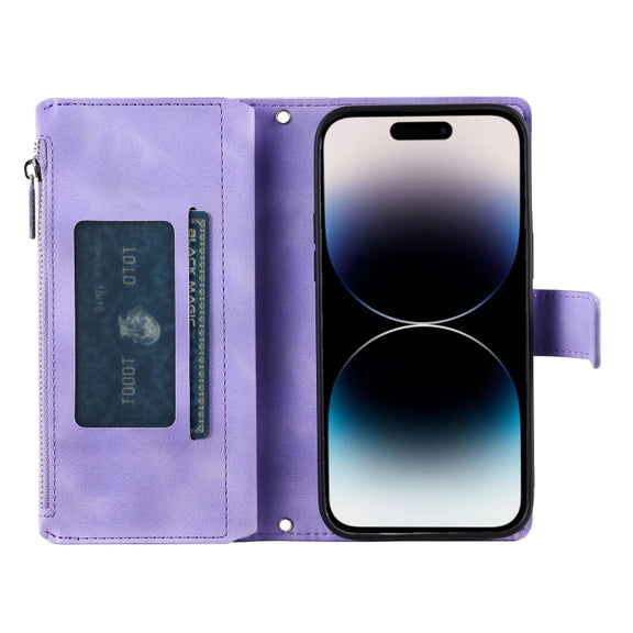 For iPhone 16 Pro Multi-Card Totem Zipper Leather Phone Case(Purple)