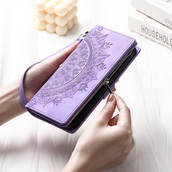 For iPhone 16 Pro Multi-Card Totem Zipper Leather Phone Case(Purple)