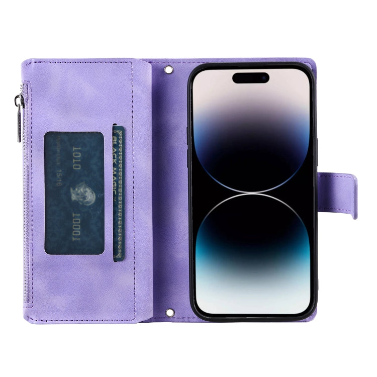 For iPhone 16 Plus Multi-Card Totem Zipper Leather Phone Case(Purple)