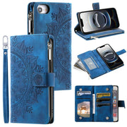 For iPhone 16e Multi-Card Totem Zipper Leather Phone Case(Blue)
