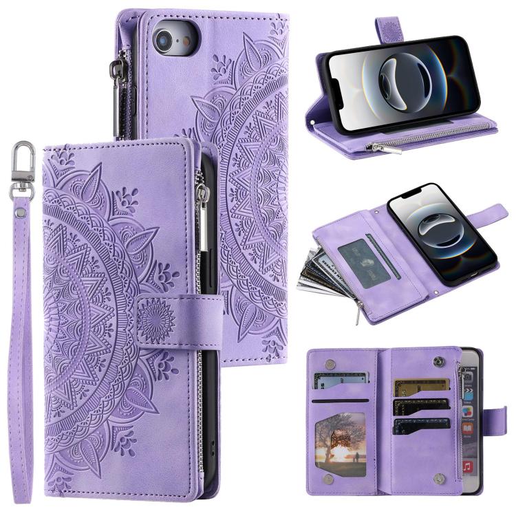 For iPhone 16e Multi-Card Totem Zipper Leather Phone Case(Purple) - iPhone 16e Cases by PMC TechLife | Online Shopping South Africa | PMC TechLife | Buy Now Pay Later Mobicred