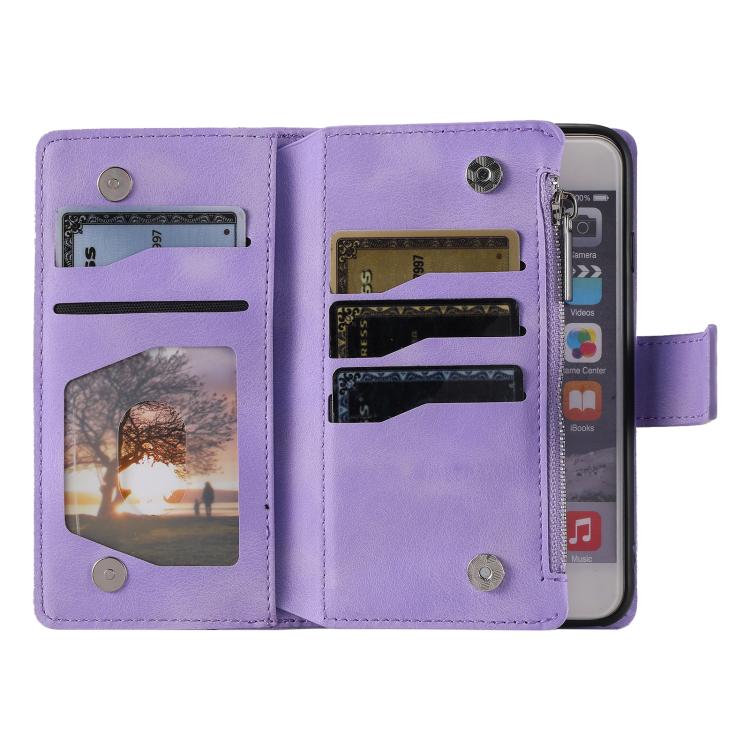 For iPhone 16e Multi-Card Totem Zipper Leather Phone Case(Purple) - iPhone 16e Cases by PMC TechLife | Online Shopping South Africa | PMC TechLife | Buy Now Pay Later Mobicred