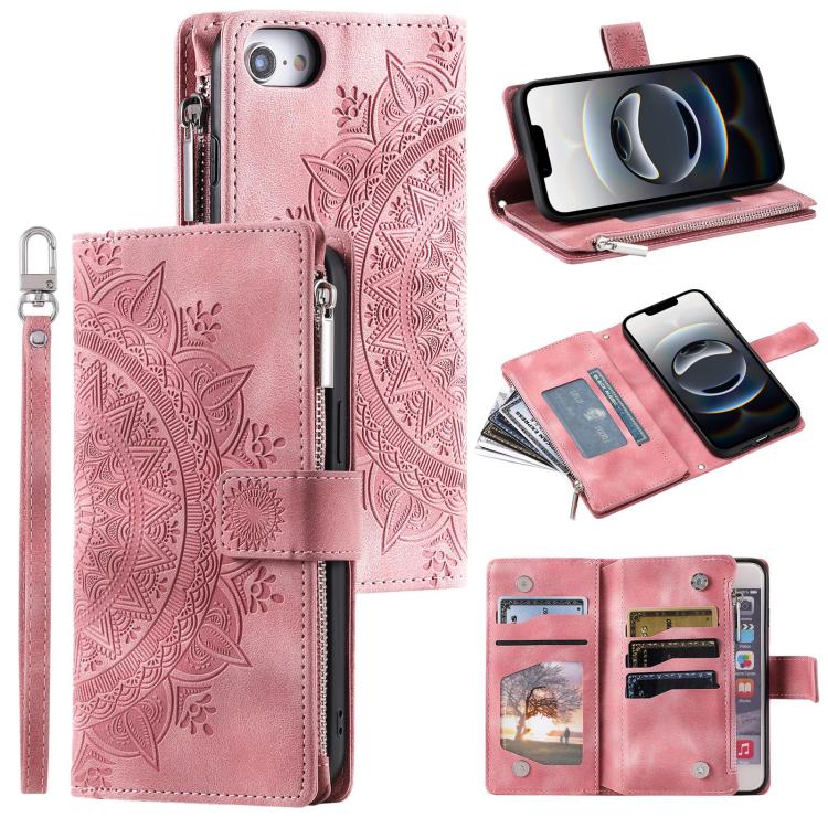 For iPhone 16e Multi-Card Totem Zipper Leather Phone Case(Pink) - iPhone 16e Cases by PMC TechLife | Online Shopping South Africa | PMC TechLife | Buy Now Pay Later Mobicred