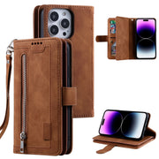 For iPhone 16 Pro Nine Card Zipper Bag Leather Phone Case with Lanyard(Brown)