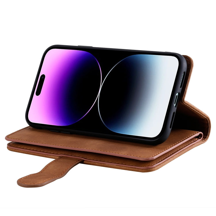 For iPhone 16 Pro Nine Card Zipper Bag Leather Phone Case with Lanyard(Brown)