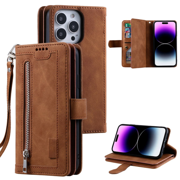 For iPhone 16 Pro Nine Card Zipper Bag Leather Phone Case with Lanyard(Brown)