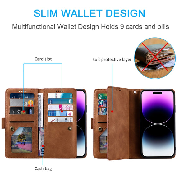 For iPhone 16 Pro Nine Card Zipper Bag Leather Phone Case with Lanyard(Brown)