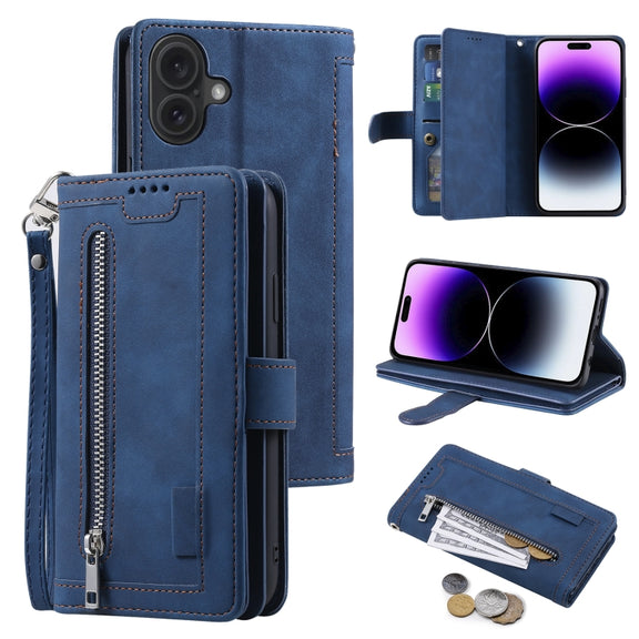 For iPhone 16 Plus Nine Card Zipper Bag Leather Phone Case with Lanyard(Blue)