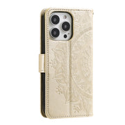 For iPhone 16 Pro Max Totem Flower Embossed Leather Phone Case(Gold)
