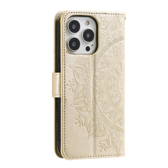 For iPhone 16 Pro Max Totem Flower Embossed Leather Phone Case(Gold)