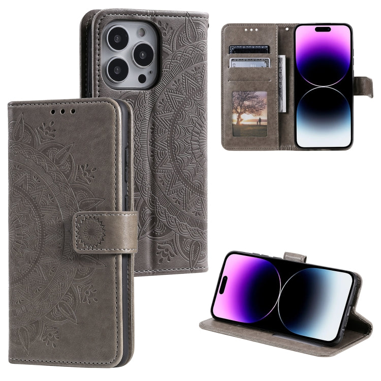For iPhone 16 Pro Max Totem Flower Embossed Leather Phone Case(Grey) - iPhone 16 Pro Max Cases by PMC TechLife | Online Shopping South Africa | PMC TechLife | Buy Now Pay Later Mobicred