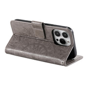For iPhone 16 Pro Max Totem Flower Embossed Leather Phone Case(Grey)