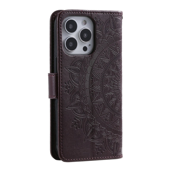For iPhone 16 Pro Max Totem Flower Embossed Leather Phone Case(Brown)