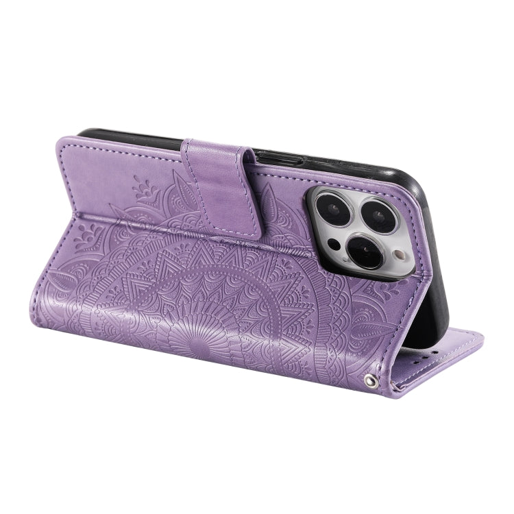 For iPhone 16 Pro Max Totem Flower Embossed Leather Phone Case(Purple) - iPhone 16 Pro Max Cases by PMC TechLife | Online Shopping South Africa | PMC TechLife | Buy Now Pay Later Mobicred