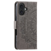 For iPhone 16 Plus Totem Flower Embossed Leather Phone Case(Grey)
