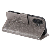 For iPhone 16 Plus Totem Flower Embossed Leather Phone Case(Grey)