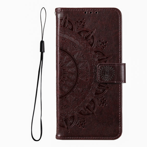 For iPhone 16 Plus Totem Flower Embossed Leather Phone Case(Brown)