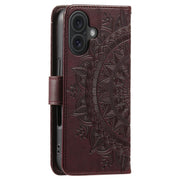 For iPhone 16 Plus Totem Flower Embossed Leather Phone Case(Brown)