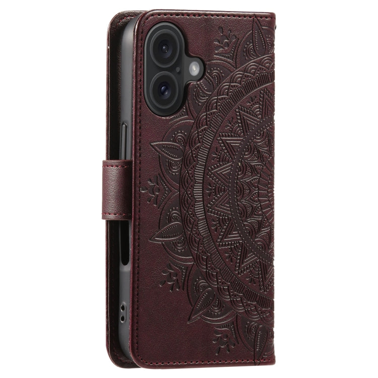 For iPhone 16 Plus Totem Flower Embossed Leather Phone Case(Brown)