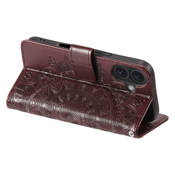 For iPhone 16 Plus Totem Flower Embossed Leather Phone Case(Brown)