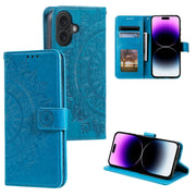 For iPhone 16 Plus Totem Flower Embossed Leather Phone Case(Blue)