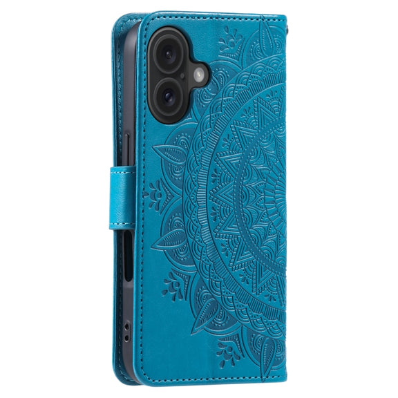 For iPhone 16 Plus Totem Flower Embossed Leather Phone Case(Blue)