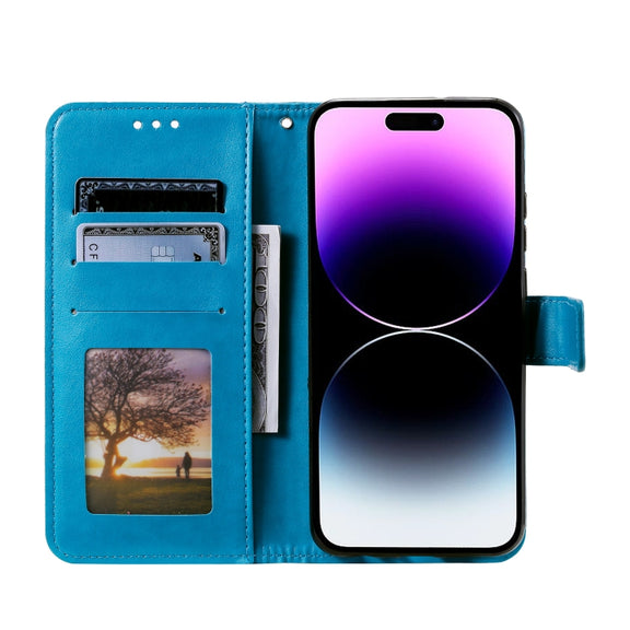For iPhone 16 Plus Totem Flower Embossed Leather Phone Case(Blue)