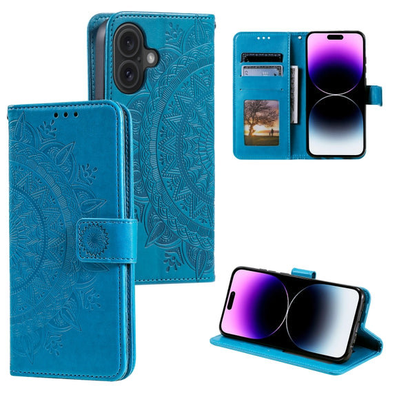 For iPhone 16 Plus Totem Flower Embossed Leather Phone Case(Blue)