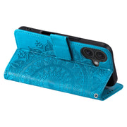 For iPhone 16 Plus Totem Flower Embossed Leather Phone Case(Blue)