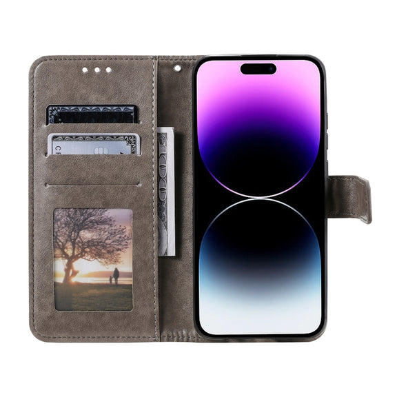 For iPhone 16 Totem Flower Embossed Leather Phone Case(Grey)