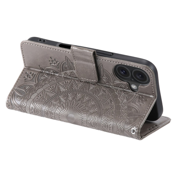 For iPhone 16 Totem Flower Embossed Leather Phone Case(Grey)