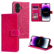 For iPhone 16 Totem Flower Embossed Leather Phone Case(Red)