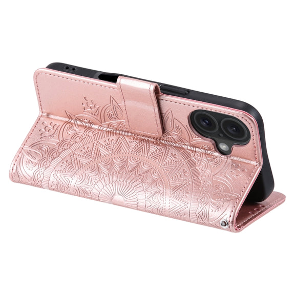 For iPhone 16 Totem Flower Embossed Leather Phone Case(Rose Gold)
