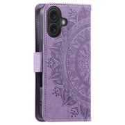 For iPhone 16 Totem Flower Embossed Leather Phone Case(Purple)