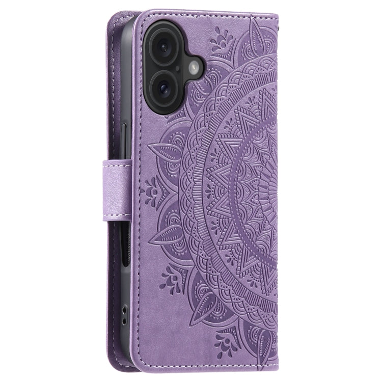 For iPhone 16 Totem Flower Embossed Leather Phone Case(Purple)