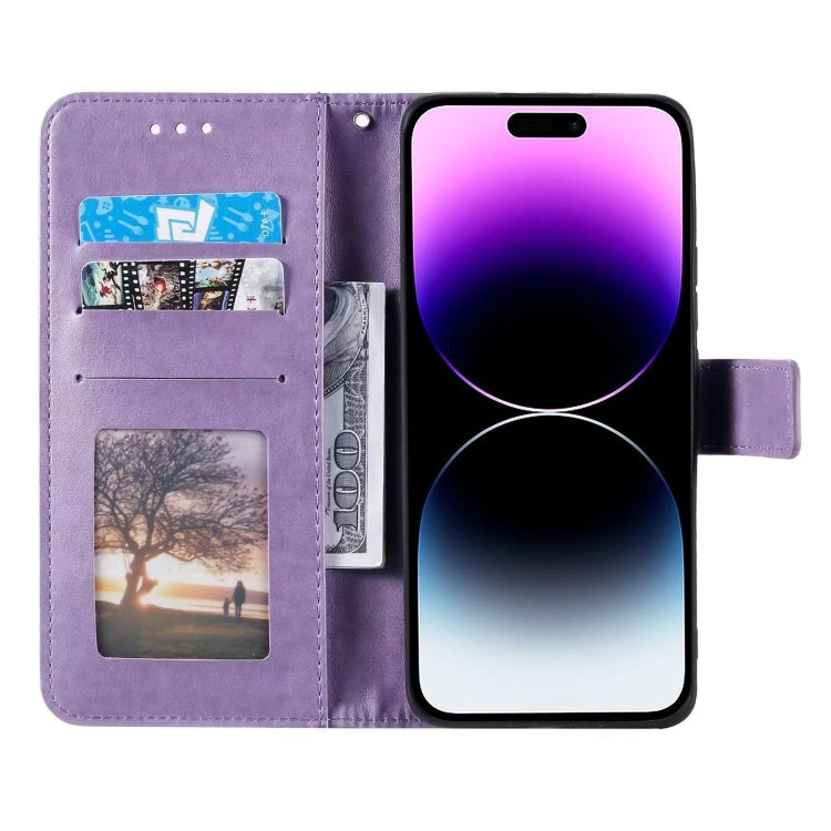 For iPhone 16 Totem Flower Embossed Leather Phone Case(Purple)