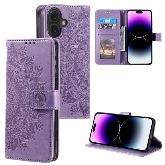 For iPhone 16 Totem Flower Embossed Leather Phone Case(Purple)