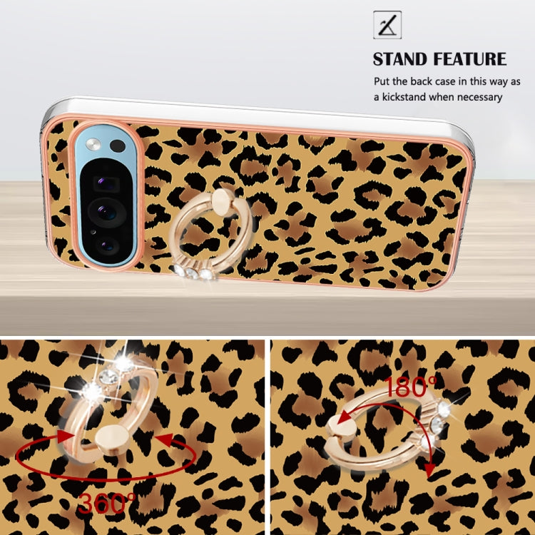 For Google Pixel 9 Pro XL Electroplating Dual-side IMD Phone Case with Ring Holder(Leopard Print)