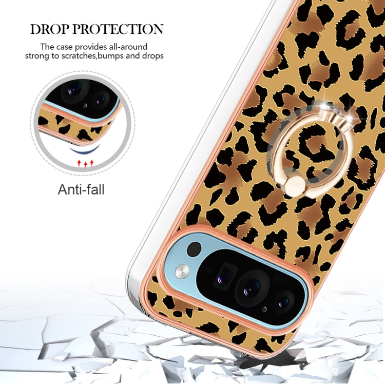 For Google Pixel 9 Pro XL Electroplating Dual-side IMD Phone Case with Ring Holder(Leopard Print)
